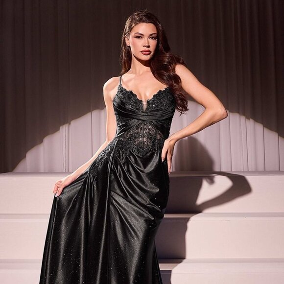 NEW FORMAL SLEEVELESS LACE EMBELLISHED SATIN GOWN W/ SWEETHEART NECK CDS524